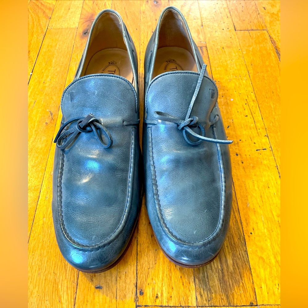 TOD’S Made In Italy Blue Leather Loafer W/ Front Tie Size 11 Excellent Condition